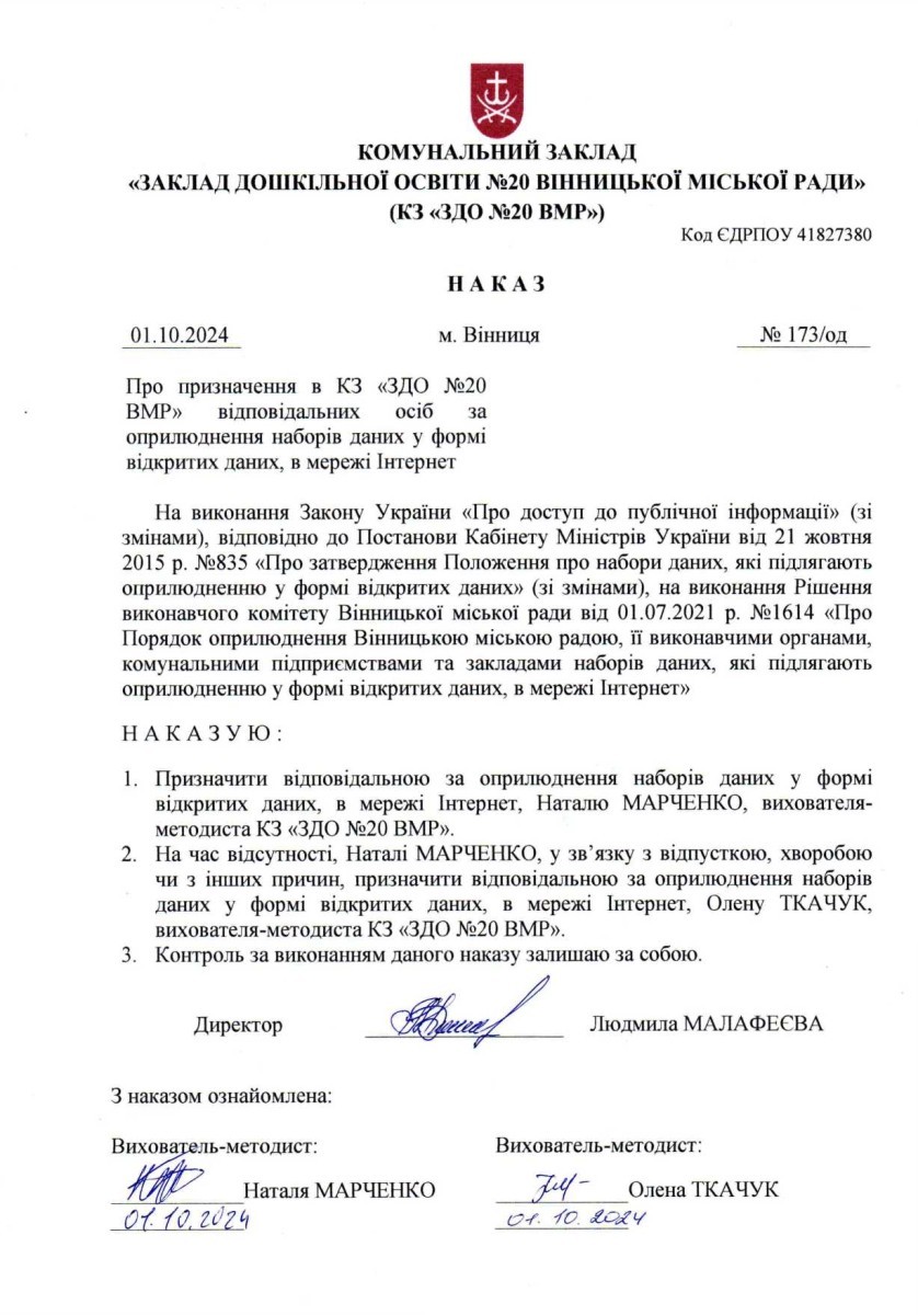 Наказ про відповідальних осіб за оприлюднення відкритих даних